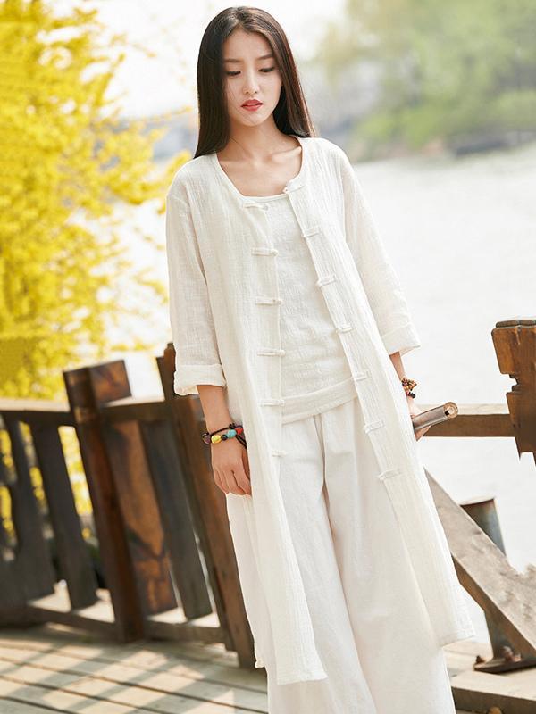 flowersverse Soft White Frog Ramie Cotton Linen Outwear Cardigan