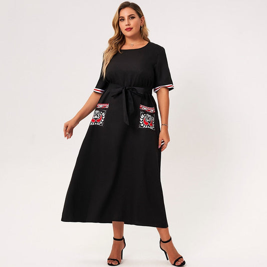 flowersverse Summer Maxi Dress Women Plus Size Black Loose Pockects Plant Hand-painted Print Striped Short Sleeve Large Party Robes