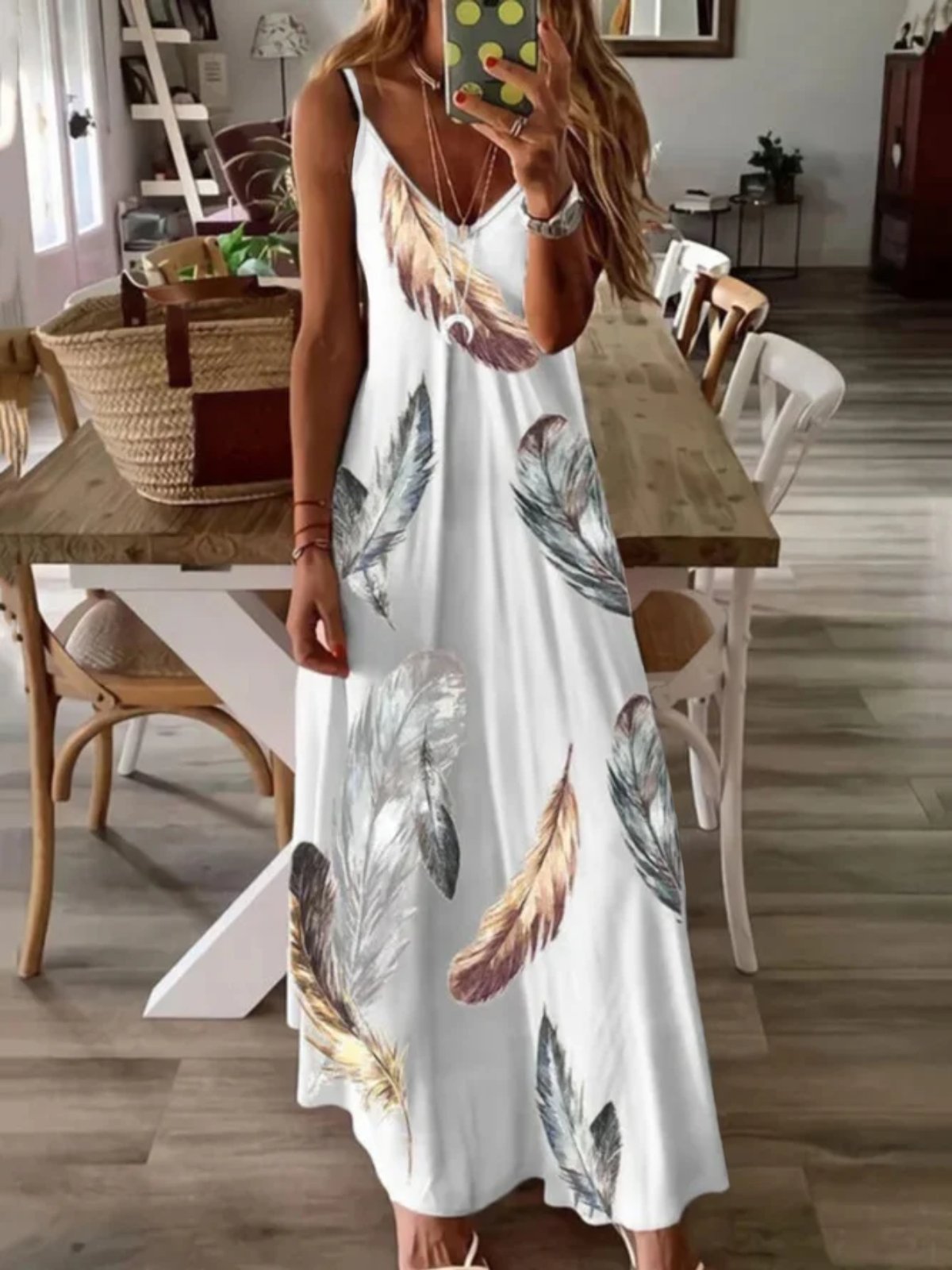 flowersverse Casual Feather Sleeveless V Neck Plus Size Printed Dress