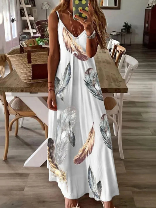 flowersverse Casual Feather Sleeveless V Neck Plus Size Printed Dress