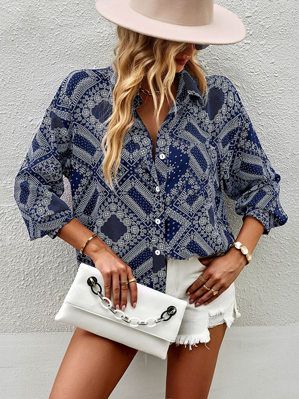 flowersverse Casual Loose Printed Lapel Collar Shirt Top