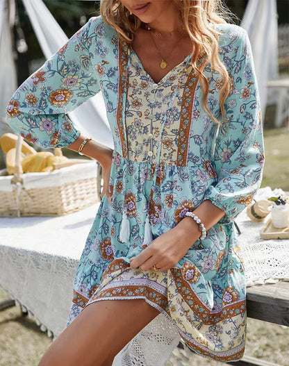 flowersverse V-neck Printed Casual Bohemian Short Dress