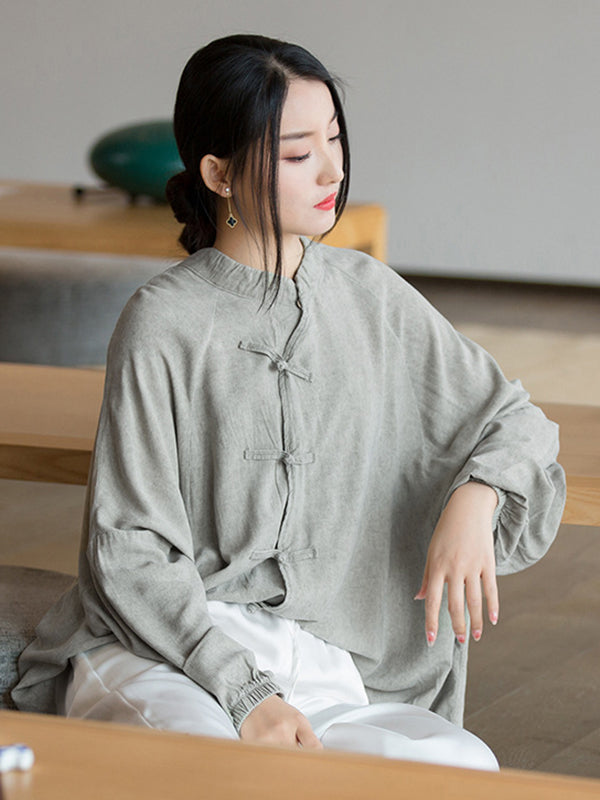 flowersverse Artistic Retro Loose Long Sleeves Buttoned Solid Color Stand Collar Blouses&Shirts Tops