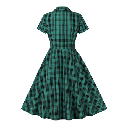 flowersverse Women Retro Button British Plaid Dress