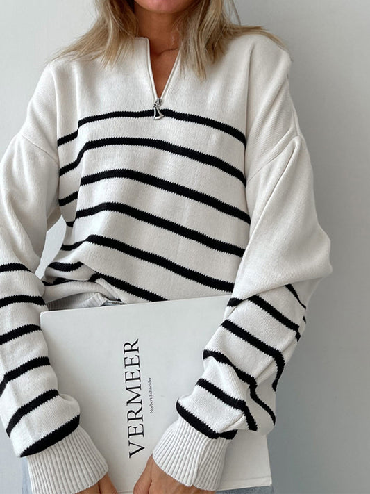 flowersverse Urban Long Sleeves Loose Striped Round-Neck Sweater Tops