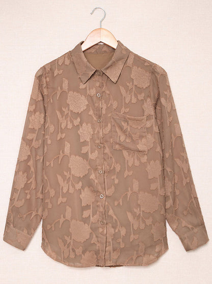 flowersverse Jacquard See-Through Solid Color Long Sleeves Lapel Blouses&Shirts Tops