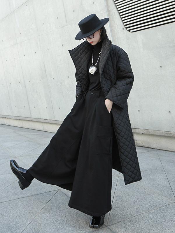 flowersverse Black Rhombic Split-Side High Collar Long Coat