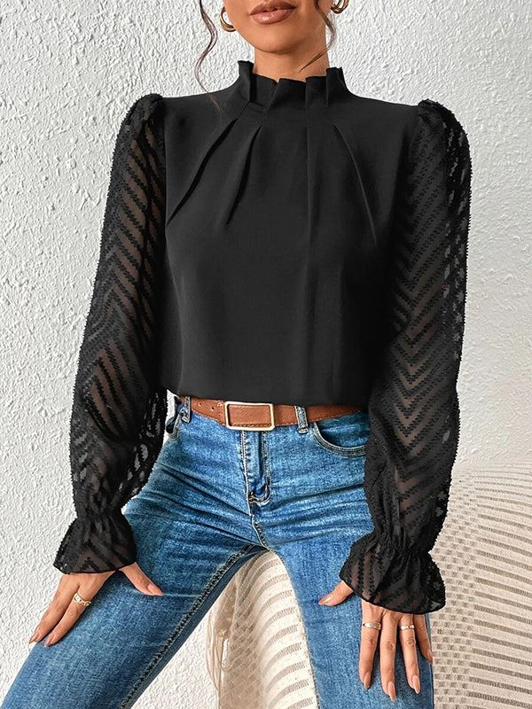 flowersverse Elasticity Mesh Pleated Solid Color Long Sleeves Loose Mock Neck Blouses&Shirts Tops