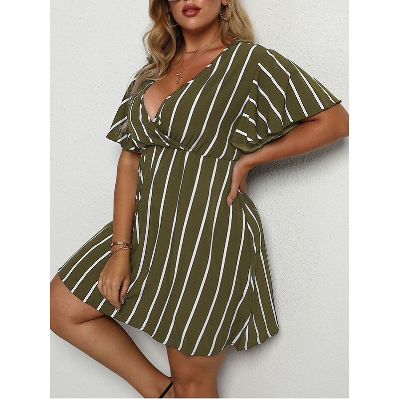 flowersverse Women's Plus Size Casual Dress A Line Dress Stripe Mini Dress Short Sleeve Print V Neck Fashion Outdoor ArmyGreen Black Spring Summer L XL XXL 3XL 4XL