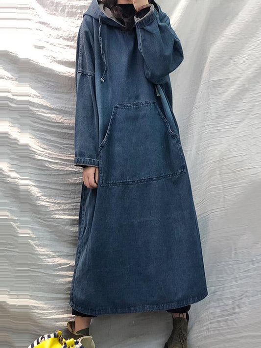 flowersverse Vintage Loose Denim Drawstring Hooded Midi Dress