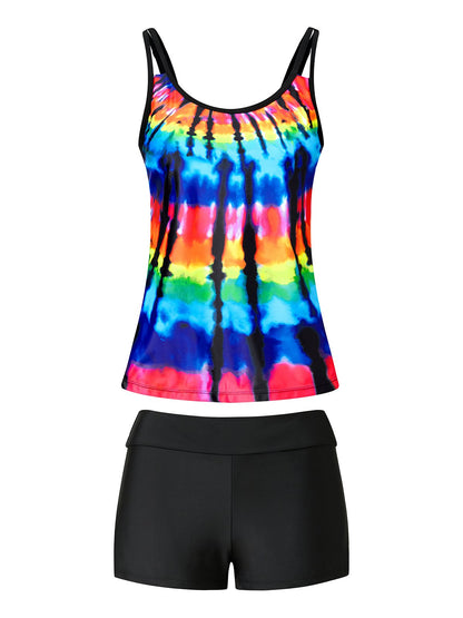 flowersverse Casual Tie-Dye Pattern Printing Scoop Neck Tankinis Two-Piece Set