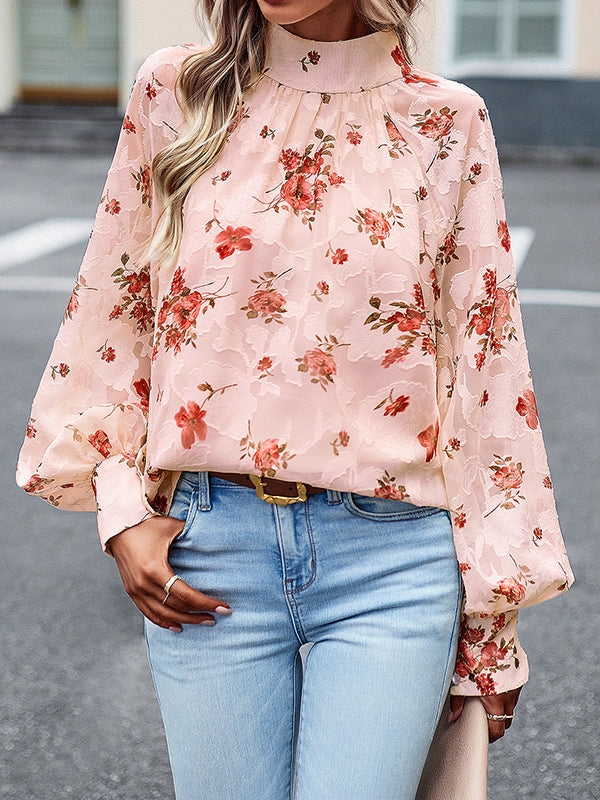 flowersverse Flower Print Tied Long Sleeves Loose Mock Neck Blouses&Shirts Tops