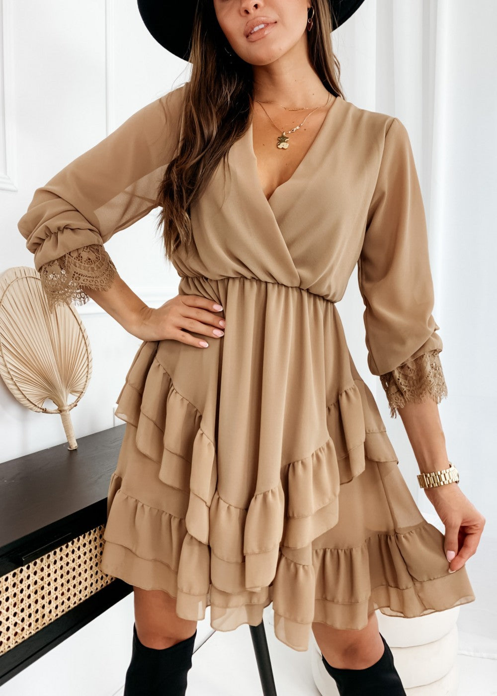 flowersverse Turtleneck Long Sleeve V-Neck Ruffle Skirt Chiffon Dress