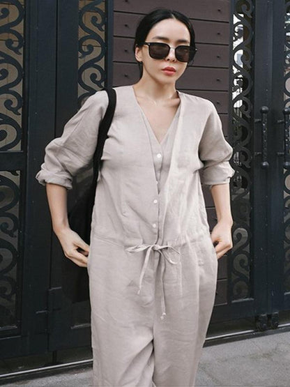 flowersverse Casual Linen V-neck Jumpsuit