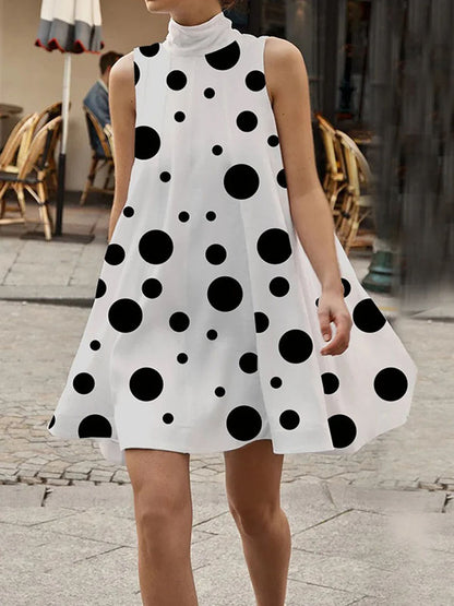 flowersverse Sleeveless A-Line Polka Dot High-Neck Mini Dresses