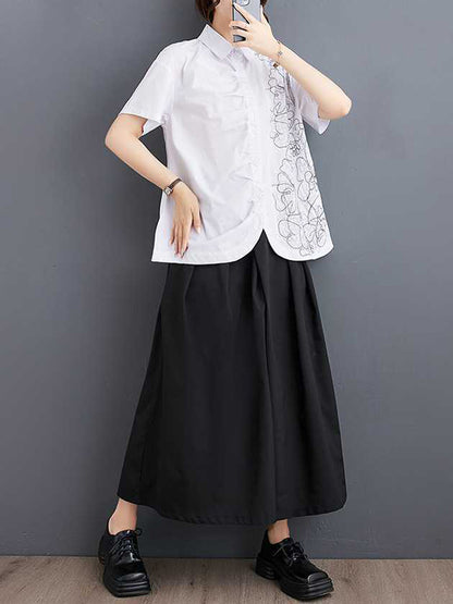 flowersverse Buttoned Embroidered Pleated Irregularity Loose Lapel Collar Blouses&Shirts Tops