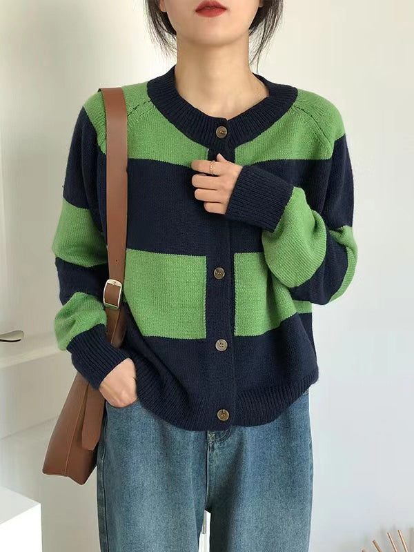 flowersverse Casual Buttoned Contrast Color Striped Cardigan Tops