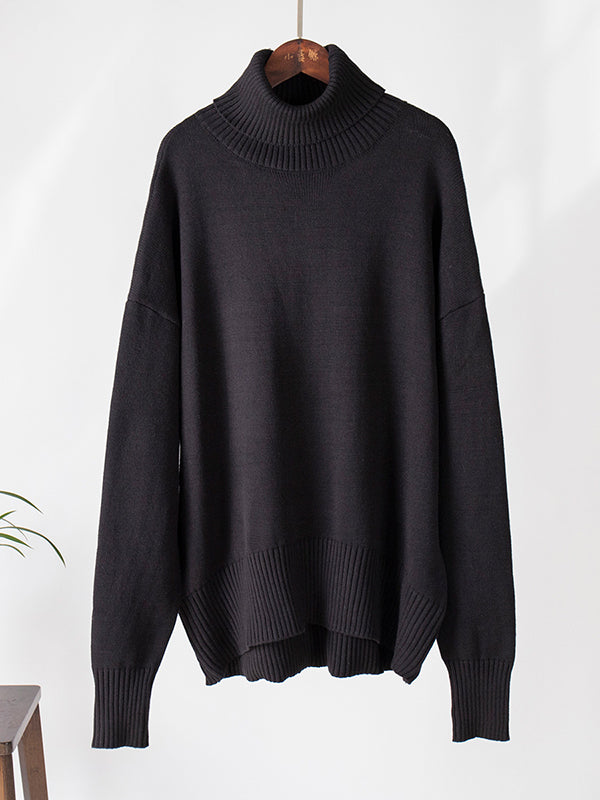 flowersverse Solid Color Long Sleeves Loose High Neck Sweater Tops Pullovers Knitwear