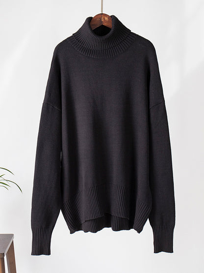 flowersverse Solid Color Long Sleeves Loose High Neck Sweater Tops Pullovers Knitwear