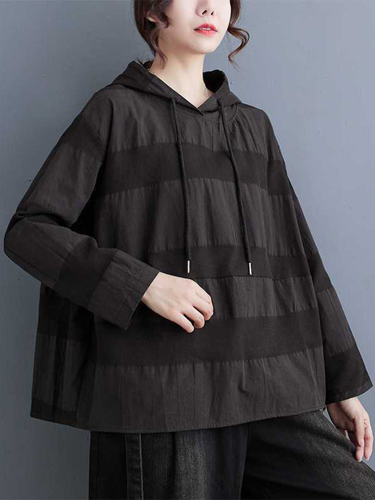 flowersverse Drawstring Hooded Solid Color Split-Joint Long Sleeves Loose Round-Neck Hoodies Tops