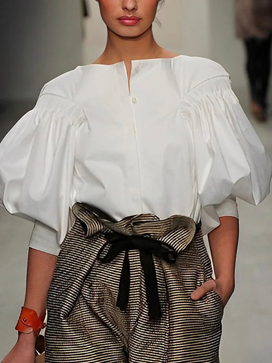 flowersverse Puff Sleeves Buttoned Solid Color Blouses&Shirts Tops