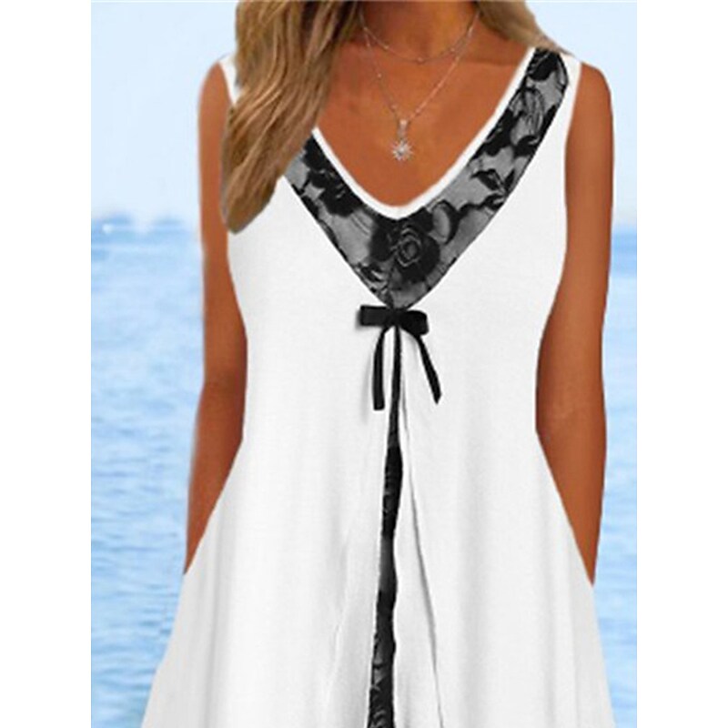 flowersverse Women's Casual Dress Tank Dress Summer Dress Floral Layered Fake two piece V Neck Midi Dress Active Fashion Outdoor Daily Sleeveless Regular Fit White Spring Summer S M L XL XXL