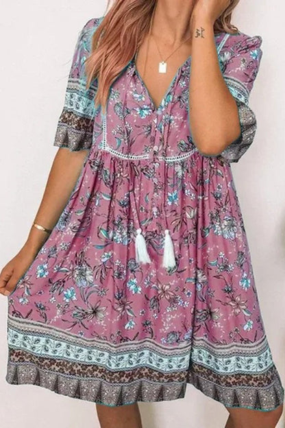 flowersverse V-Neck Floral Half Sleeve Tassel Dress