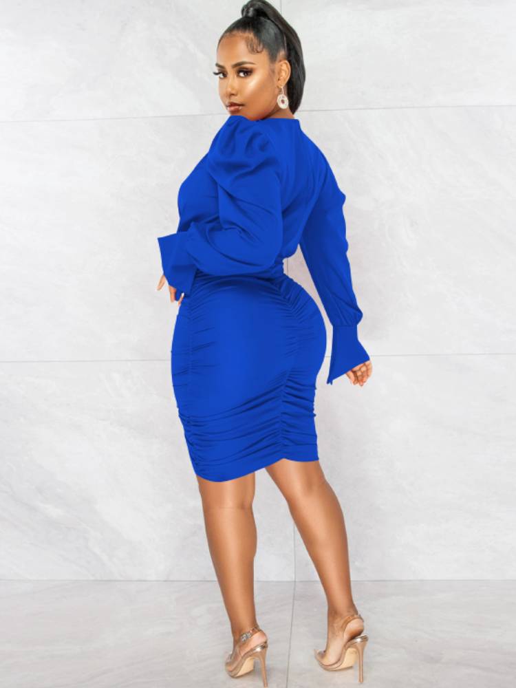 flowersverse Long Sleeve V Neck Ruched Bodycon Midi Dresses