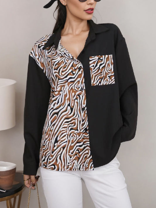 flowersverse Asymmetric Buttoned Zebra-Stripe Long Sleeves Loose Lapel Blouses&Shirts Tops