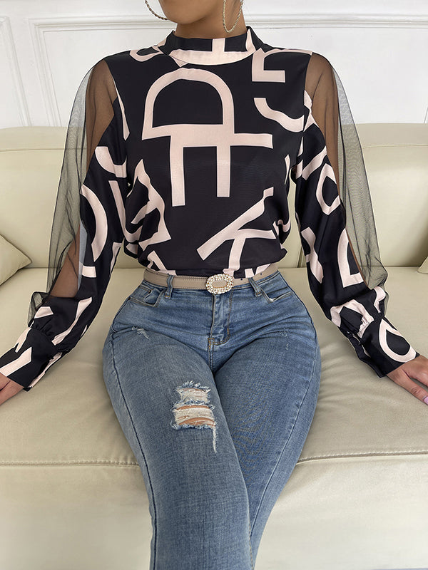 flowersverse Buttoned Hollow Letter Print See-Through Split-Joint Long Sleeves Round-neck Shirts Tops Blouses&shirts Tops