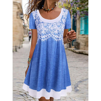 flowersverse Women's Casual Dress Summer Dress Print Dress Floral Fake two piece Print Crew Neck Midi Dress Active Fashion Outdoor Daily Short Sleeve Loose Fit Blue Spring Summer S M L XL XXL