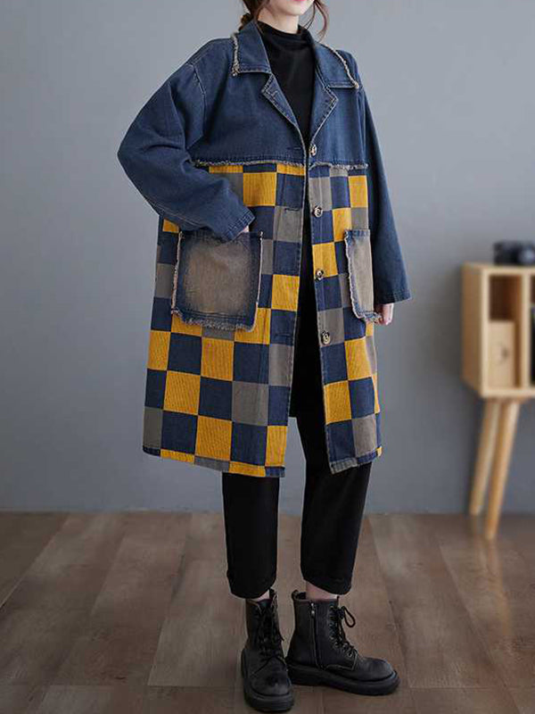 flowersverse Buttoned Fringed Plaid Pockets Split-Joint Long Sleeves Loose Notched Collar Denim Outerwear