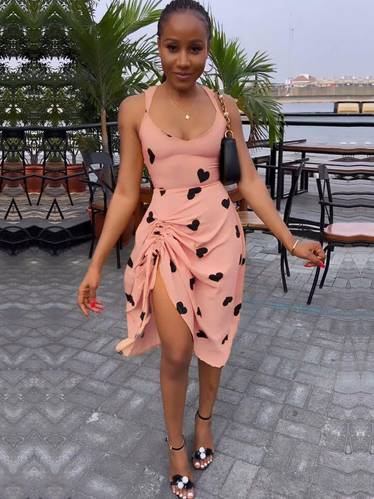 flowersverse Sleeveless Printed Drawstring Bodycon Midi Dresses