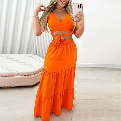 flowersverse Plus Size Women's Summer Lace-Up Tank Top High Waisted Full Length Skirt Fashion Casual Set