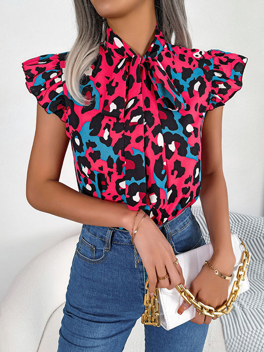 flowersverse Leopard Cap Sleeve Loose Statement Collar Vest Top