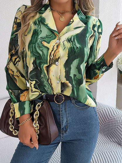 flowersverse Buttoned Printed Long Sleeves Loose Notched Collar Blouses&Shirts Tops