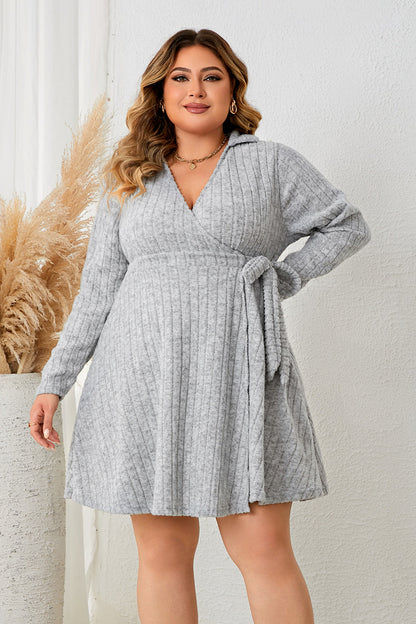 flowersverse Plus Size Collared Neck Long Sleeve Tied Dress