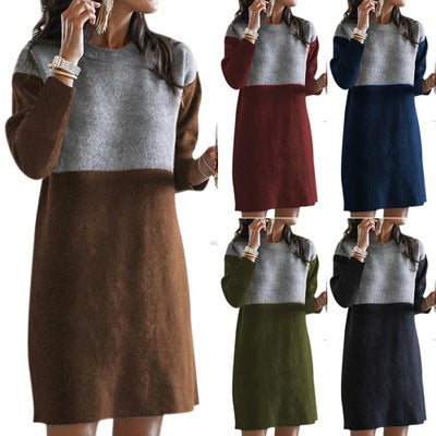 flowersverse Women's Sweater Patchwork Skirt Basic Model Loose Plus Size Neck Long-sleeved Dress