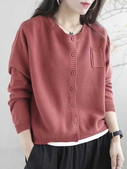 flowersverse Simple Loose Long Sleeves Buttoned Solid Color Round-Neck Cardigan Tops