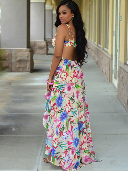 flowersverse Floral Print Halter Asymmetrical Boho Midi Dress