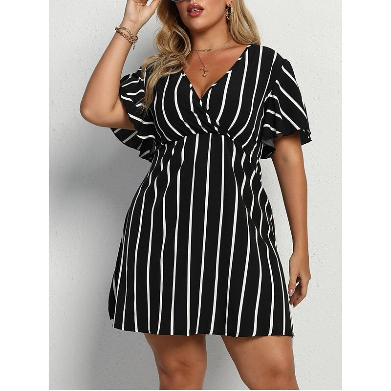 flowersverse Women's Plus Size Casual Dress A Line Dress Stripe Mini Dress Short Sleeve Print V Neck Fashion Outdoor ArmyGreen Black Spring Summer L XL XXL 3XL 4XL