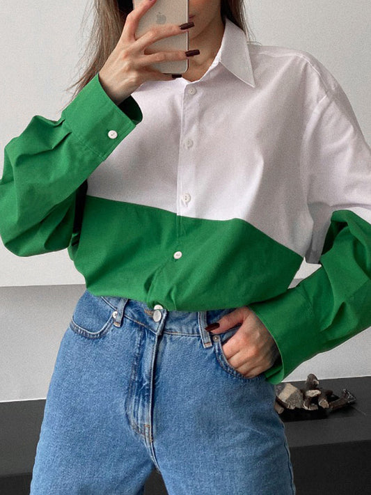 flowersverse Buttoned Contrast Color Long Sleeves Loose Lapel Blouses&Shirts Tops