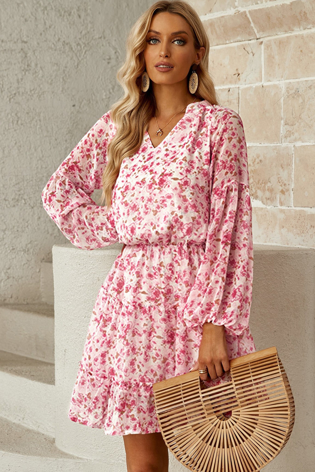 flowersverse Floral Frill Trim Puff Sleeve Notched Neck Dress