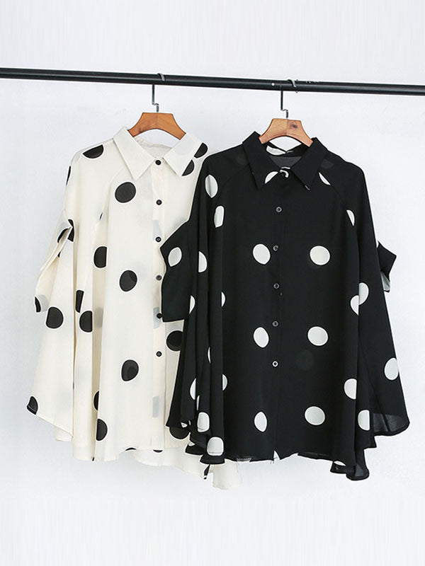 flowersverse Polka-Dot Batwing Sleeves High-Low Lapel Blouses&Shirts Tops