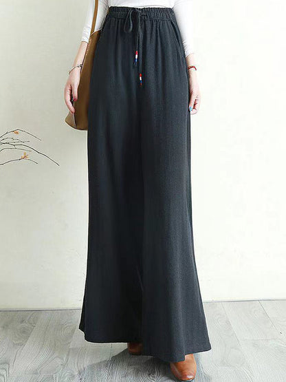 flowersverse Artistic Ramie Cotton Drawstring Elasticity Loose Wide-Leg Pants