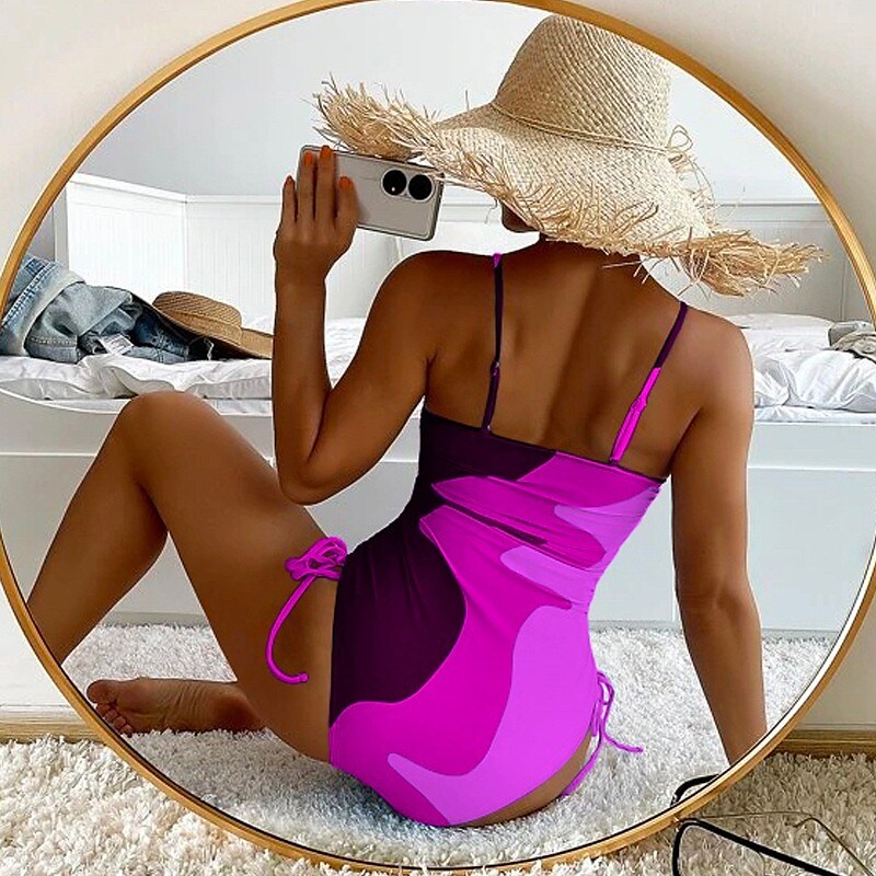 flowersverse Women's Swimwear One Piece Normal Swimsuit Printing Color Block Blue Purple Brown Green Bodysuit Bathing Suits Sports Summer