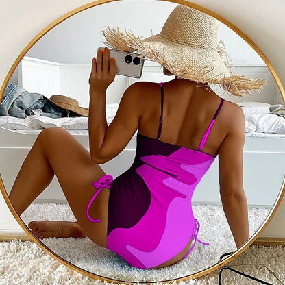 flowersverse Women's Swimwear One Piece Normal Swimsuit Printing Color Block Blue Purple Brown Green Bodysuit Bathing Suits Sports Summer