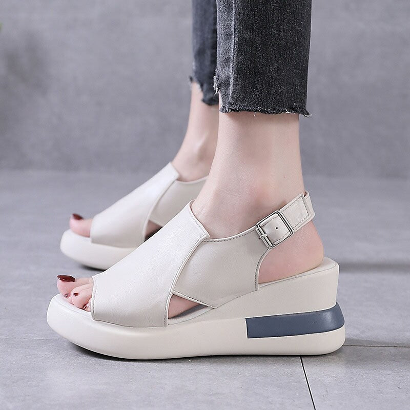 flowersverse Women's Sandals Wedge Heels Platform Sandals Ankle Strap Sandals Outdoor Daily Platform Wedge Heel Peep Toe Elegant Sexy PU Leather Buckle Solid Color Black Red Beige