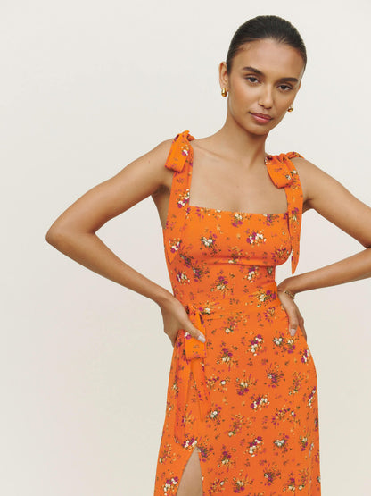 flowersverse BUDDING BEAUTY SPLIT FLORAL MAXI DRESS - ORANGE