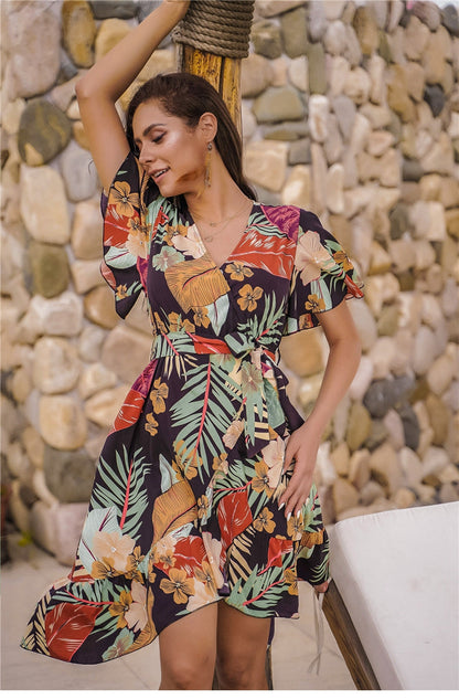 flowersverse Spring Summer Floral Dress Women V Neck Butterfly Sleeve High Waist Print Knee Length Asymmetrical Dresses Ladies